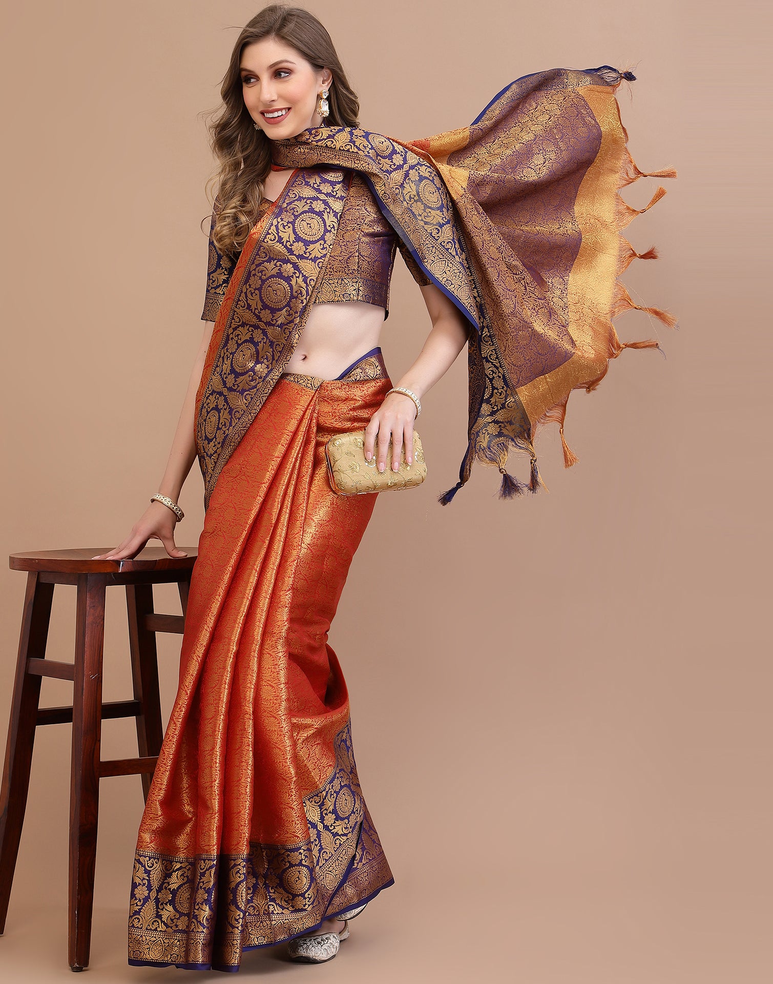 Golden Orange Kanjivaram Soft Woven Silk Saree - Clothsvilla